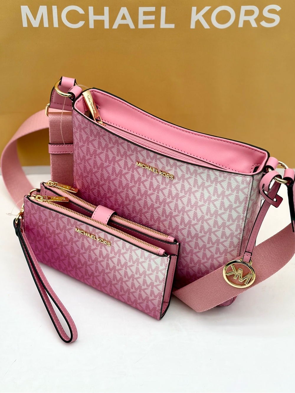 Michael Kors Ombre Pink MK Signature Crossbody with Wristlet Wallet Set - Picture 13 of 16